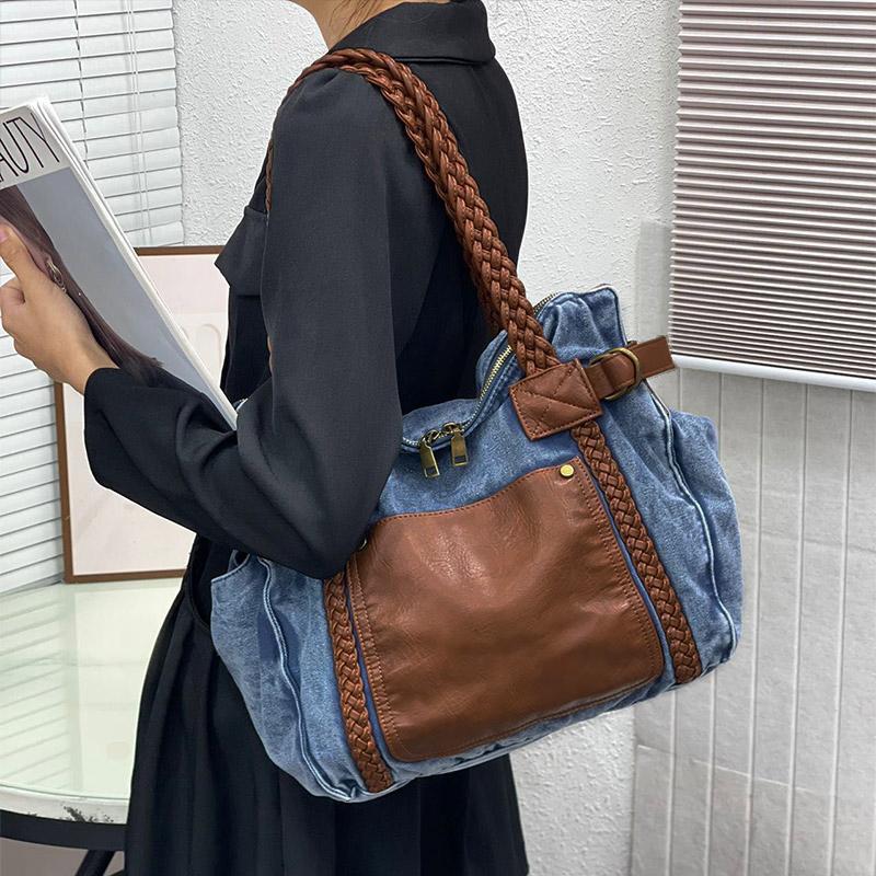 

Washed Denim Shoulder Bag,Women Large Capacity Vintage Tote Bag,Effortless Chic Casual All-Match Ctrast Color Splicing Handbag синий
