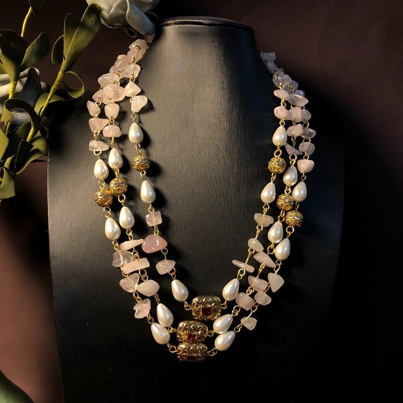 French Retro Style Rose Quartz Stone Pearl Necklace, High-end Design Jewelry, Multi-strand Sweater Chain, Elegant and Refined