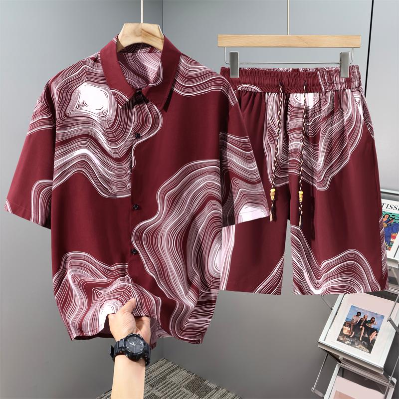 

Men s Plus Size Summer Abstract Print Shirt & Shorts 2-Piece Set (4XL-10XL) 10XL(150kg-160kg) червоний