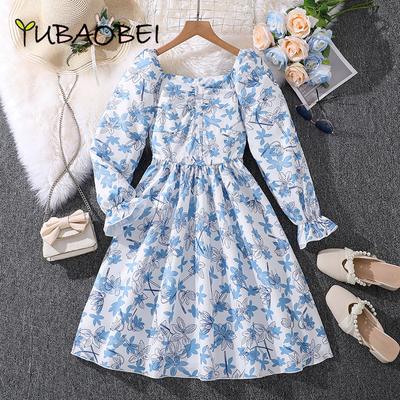 Mädchen Kleid für 6-12 Jahre alt Frühling Herbst Langarm Kinder Kleidung Bedruckte Prinzessin Quadrat Kragen Mode Kleider
