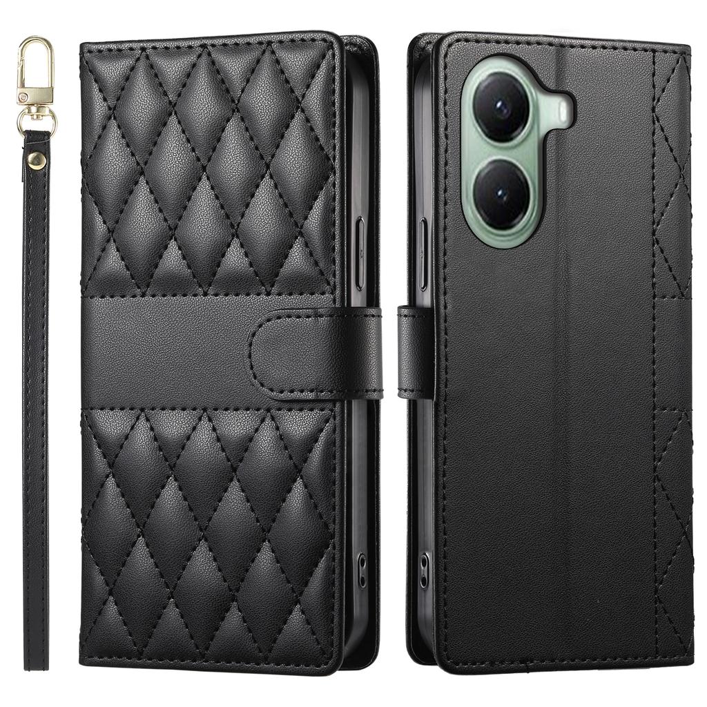 For Xiaomi Poco X7 Pro 5G/Redmi Turbo 4 5G Case Rhombus Stitching Wallet Stand Leather Phone Cover with Long/Short Strap