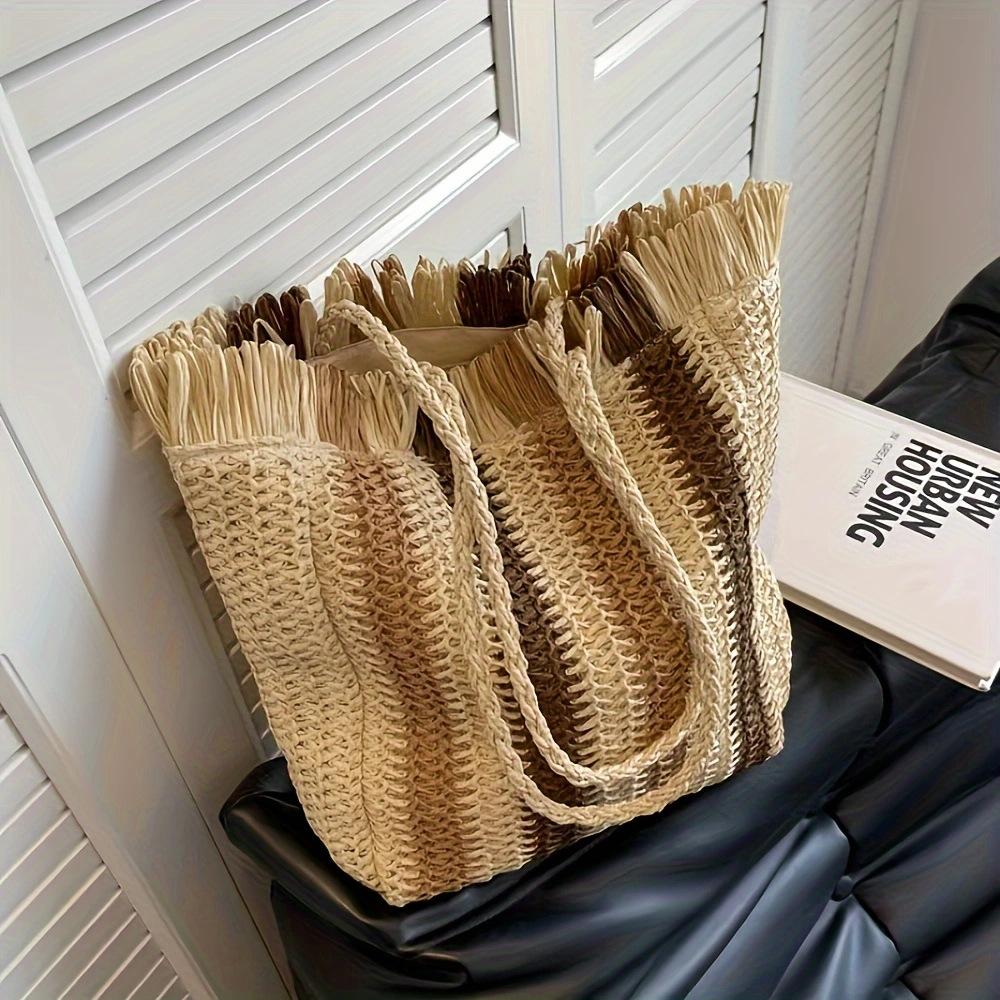 New striped straw bag custom woven woven bag women s seaside vacation large capacity shoulder beach tote bag edge zipper