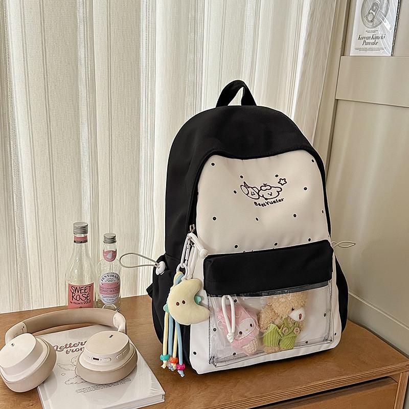 Süße Farbblock-Punkte-Cartoon-Kaninchen-Muster Schultasche Mit Anhänger Für Reisen Und Schule