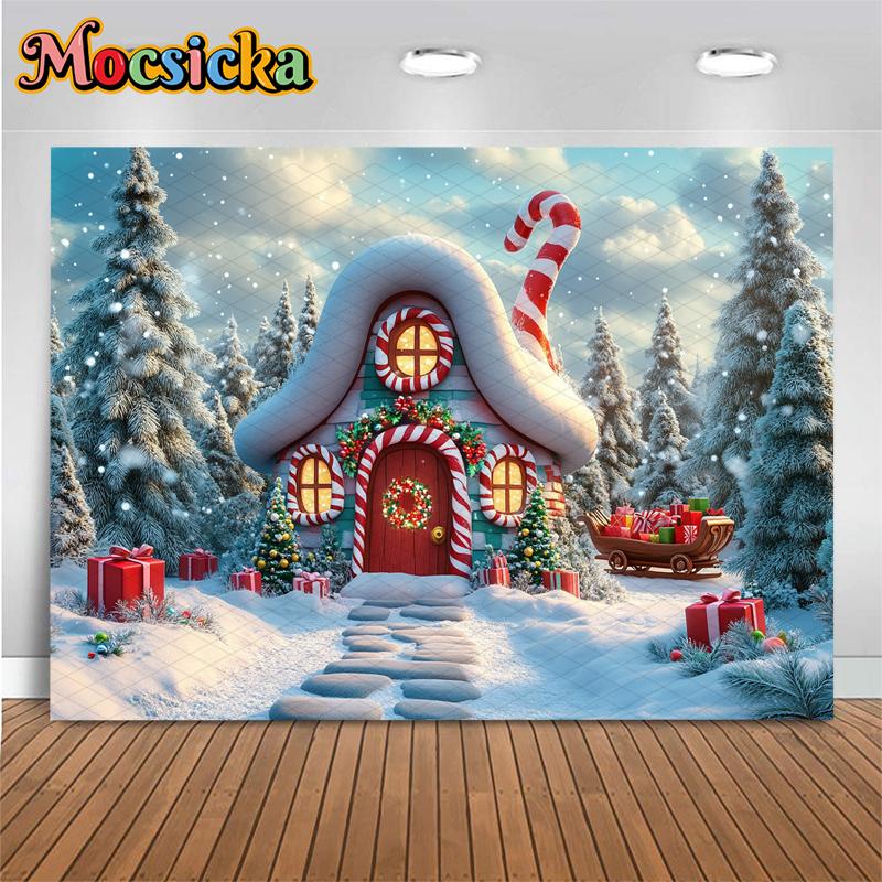 Mocsicka Christmas House Photography Background Xmas Tree Snowflake Lollipop Gifts Decoration Child Family Party Backdrop Banner