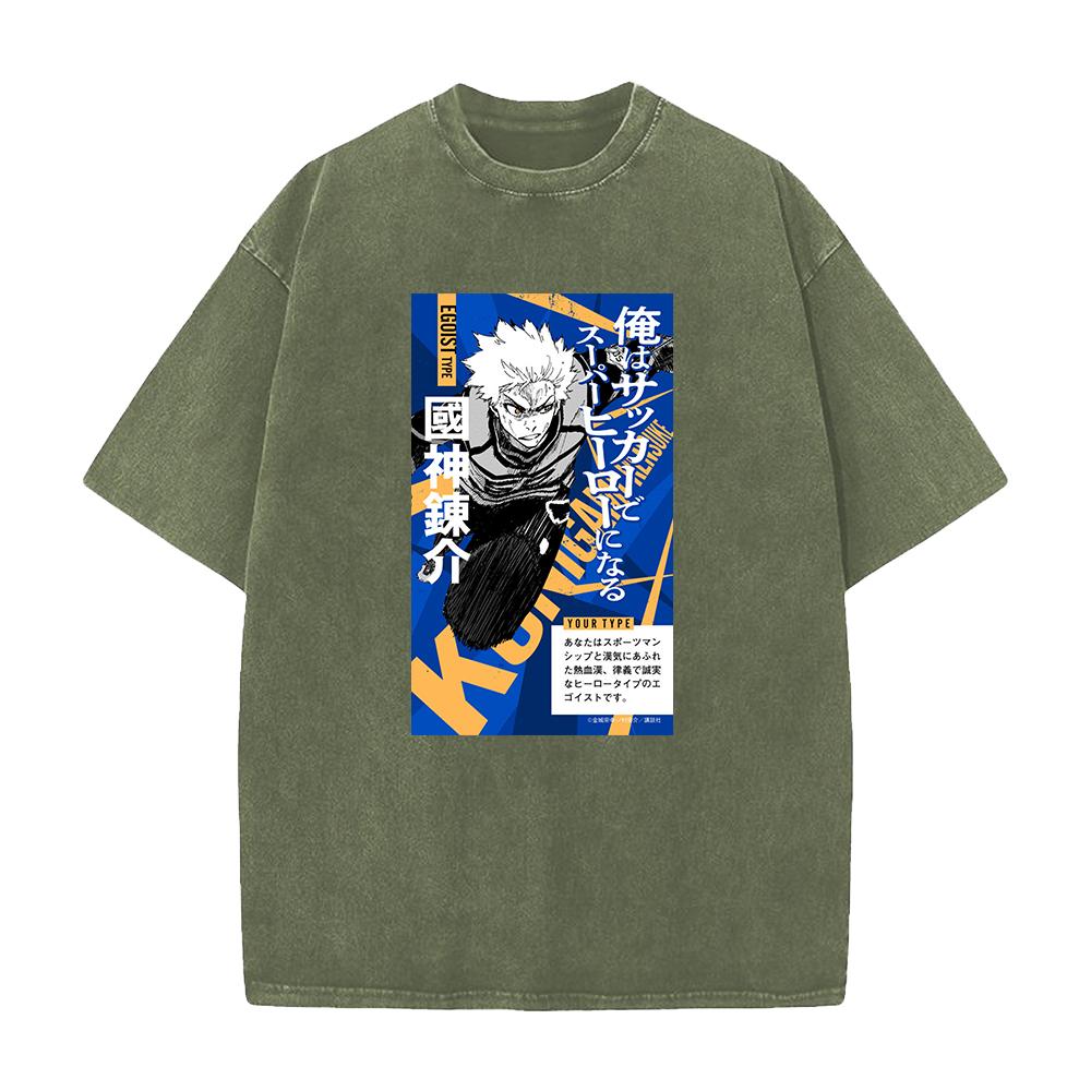 Anime Blue Lock Rensuke Kunigami Cool Graphic Washed Tshirt Men Manga T-shirts Casual Tee Harajuku Male Cotton Vintage T Shirt