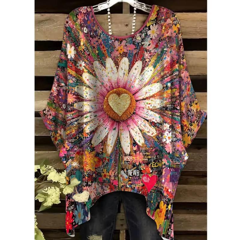 Bohemian Floral Print Women s T-Shirt Simple Vintage Irregular Hem Round Neck T-Shirt Fashionable and Versatile Women s Clothing 2XL
