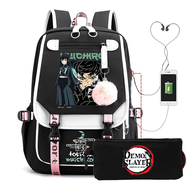 Casual Korean version schoolbag ghost extermination animation two-dimensional trend boys and girls USB backpack two-piece set