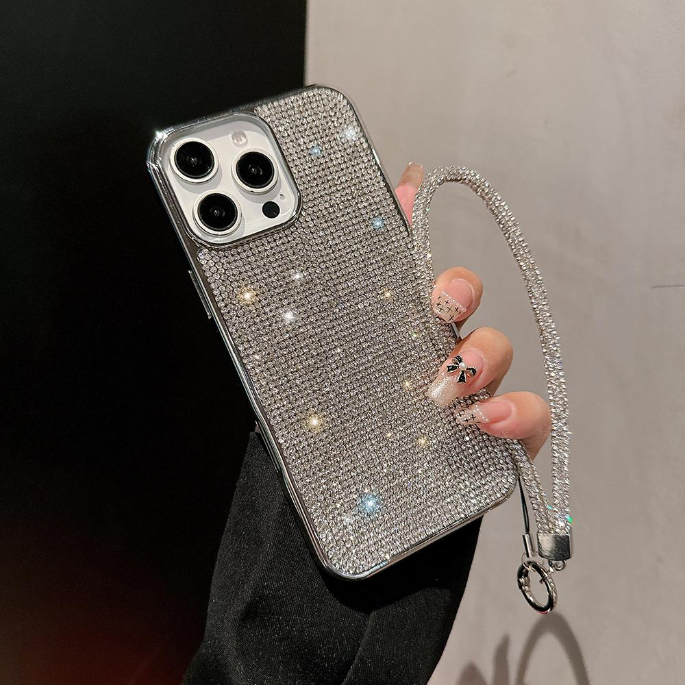 

Luxury Bling Pu Leather Phone Case for iPhone 16 Pro Max 15 Plus 14 13 12 11 Diamond Strap Glitter Shockproof Anti Drop Cover iPhone 15 Pro Max срібний