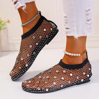 Women Flat Sandals Summer Casual Beach Sandals Comfortable Fishing Net Rhinestone Shoes