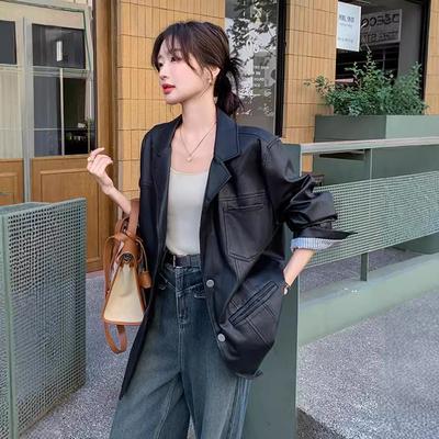 Black Leather Jacket for Women Spring and Autumn New Retro Lapel Jacket Mid-length Top