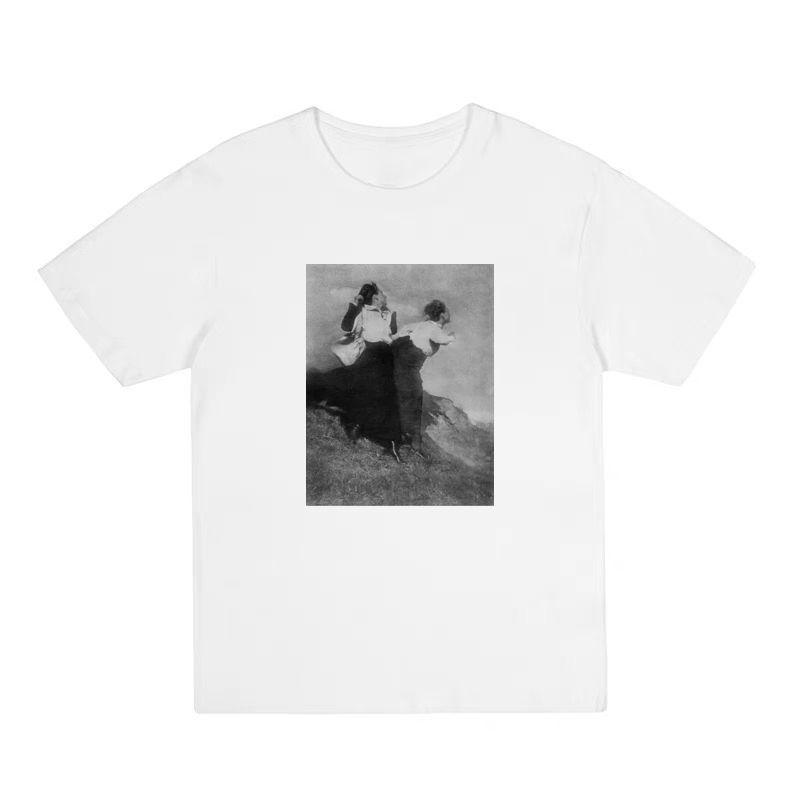 Čistá bavlna Retro Foto Letní Potisk Krátký rukáv Korejský styl Volné Středně dlouhé Tričko, Výklenkový Designový Top