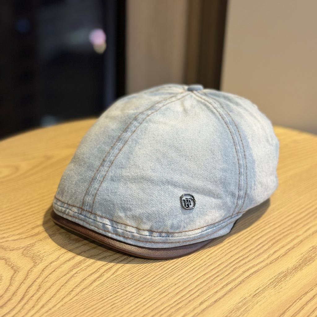 New Japanese-style Vintage Washed Distressed Denim Beret for Women with Large Head Circumference, Face-slimming Artist Hat, Trendy