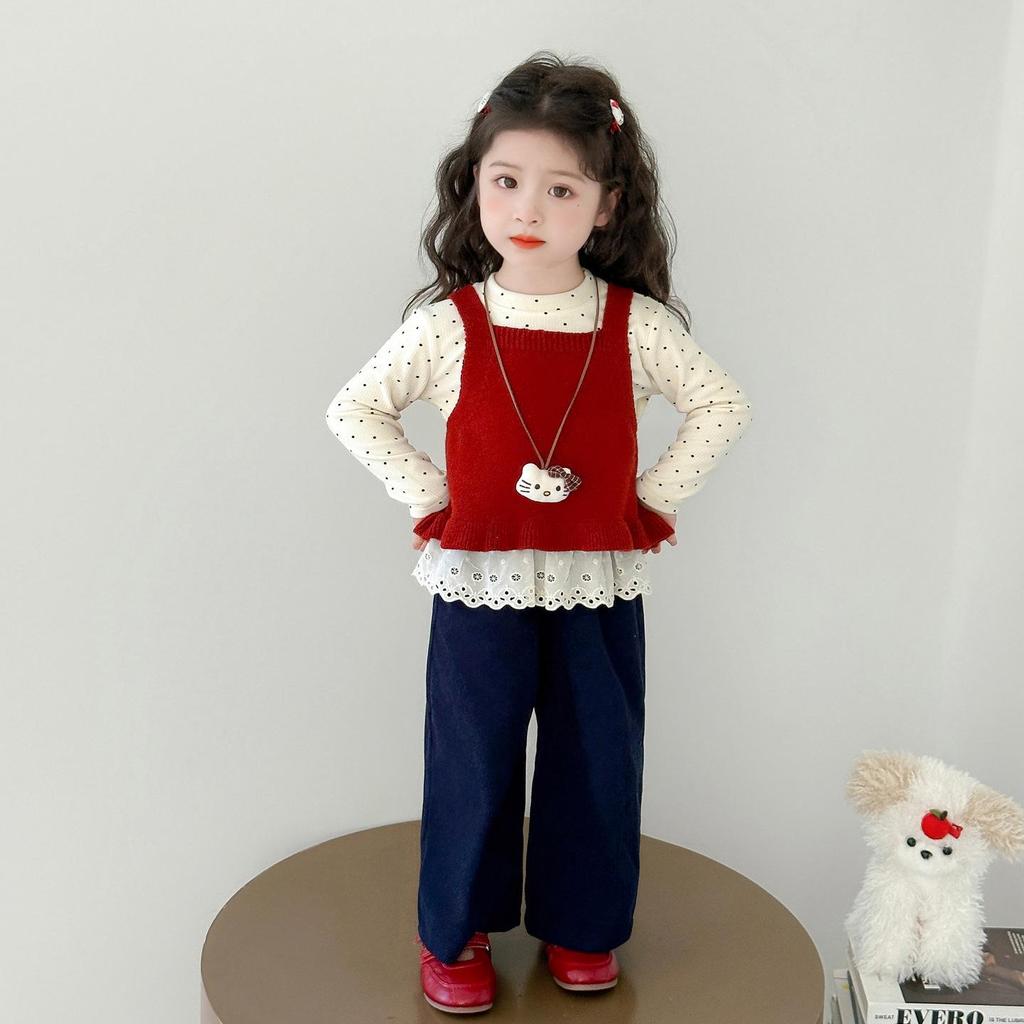 Girls' Fashionable Three-Piece Set: Knitted Vest, Polka Dot Shirt & Wide-Leg Pants for Spring/Autumn