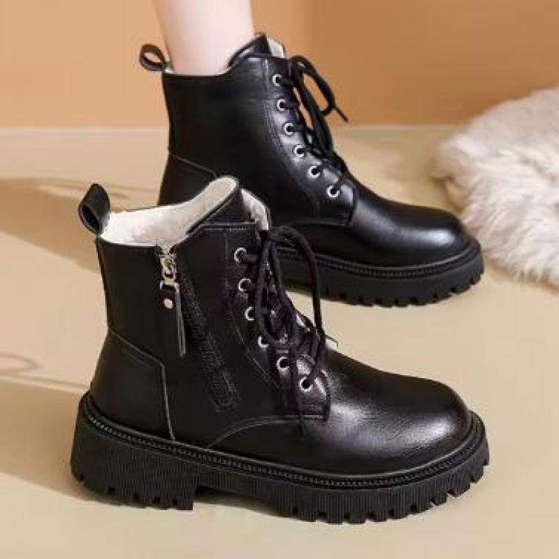 Women Genuine Leather Ankle Boots Zipper Short Plush Brown Women's Ankle Boots Platform Thick Heel Motorcycle Boots Women Shoes