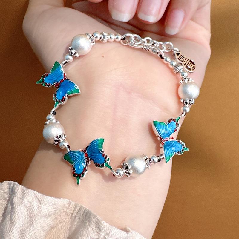999 Foot Silver Three Butterfly Bracelet Versatile New Chinese Burnt Blue Craft Gram Adjustment Women's Accessories Original Design