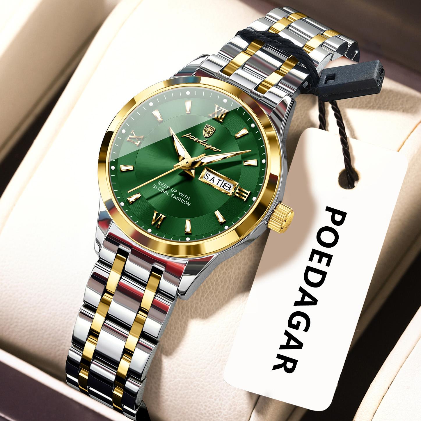 

POEDAGAR Luxury Watch for Ladies Luminous Waterproof Stainless Steel Wristwatch Quartz Week Date Women Watches + Box зелений/золотий