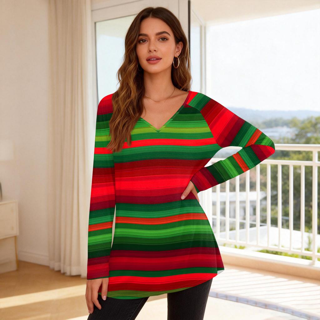 Women's Fashionable Casual Long-Sleeved Striped Print V-Neck Mid-Length Top