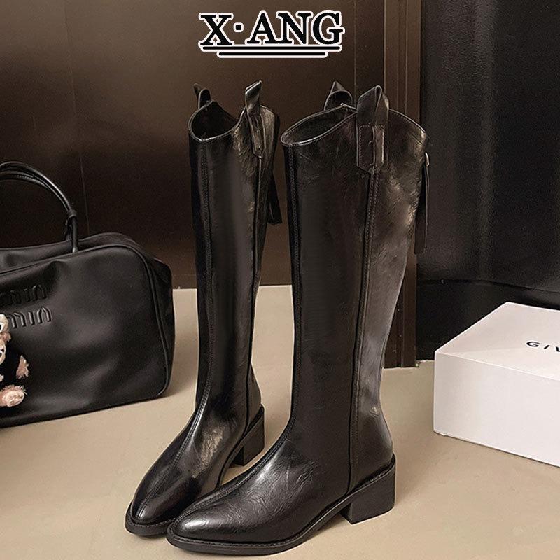 Cowhide version brown big tube circumferential boots women's thin boots but knee high boots pointed thick heel knight boots