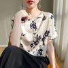 Women's Floral Print Satin Blouse Casual Round Neck Short Sleeve Loose Fit Elegant Office Top