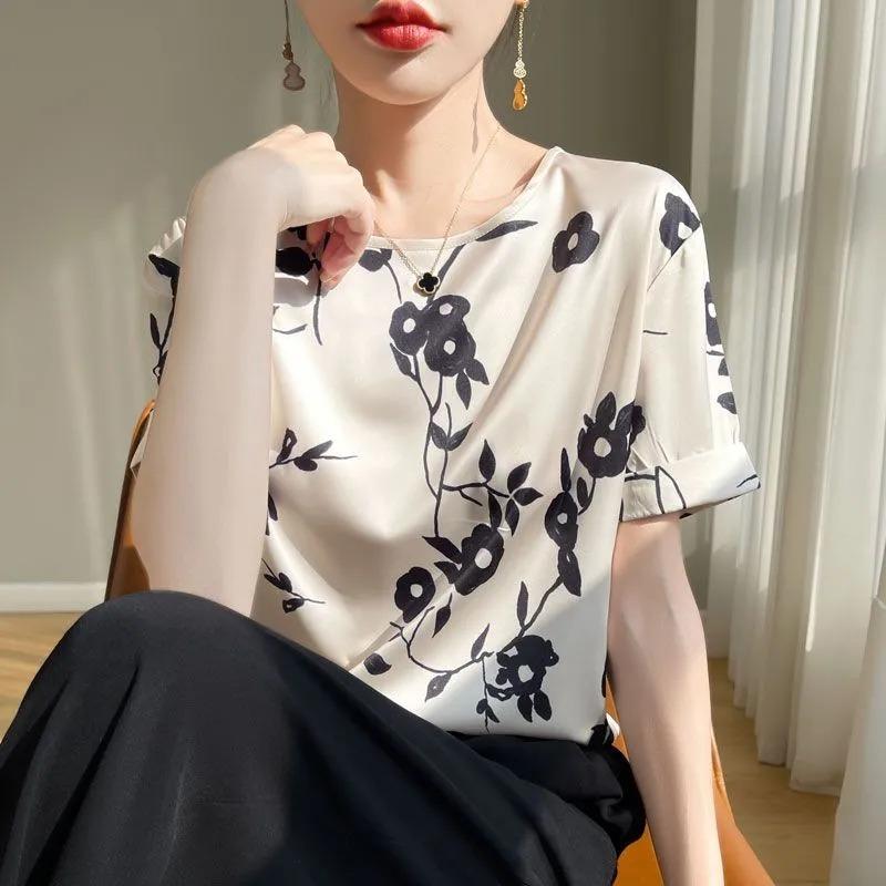 Women's Floral Print Satin Blouse Casual Round Neck Short Sleeve Loose Fit Elegant Office Top