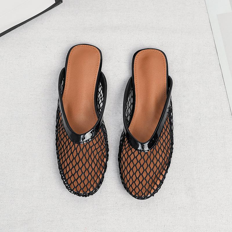 Mesh Mules Flats for Women Slip on Ballerina Comfortable Mule Round Toe Ballet Mary Jane Shoes for Summer Mary Jane Flats Fishnet Ballerina Flats