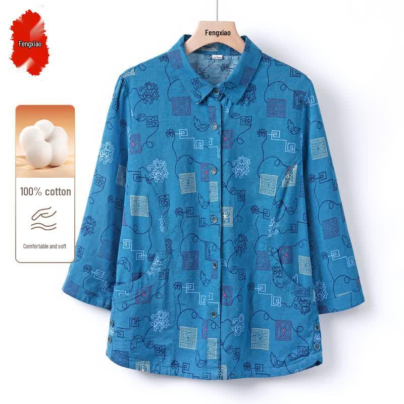 Elderly Women s Loose Fit Floral Cotton 3/4 Sleeve Blouse 5XL