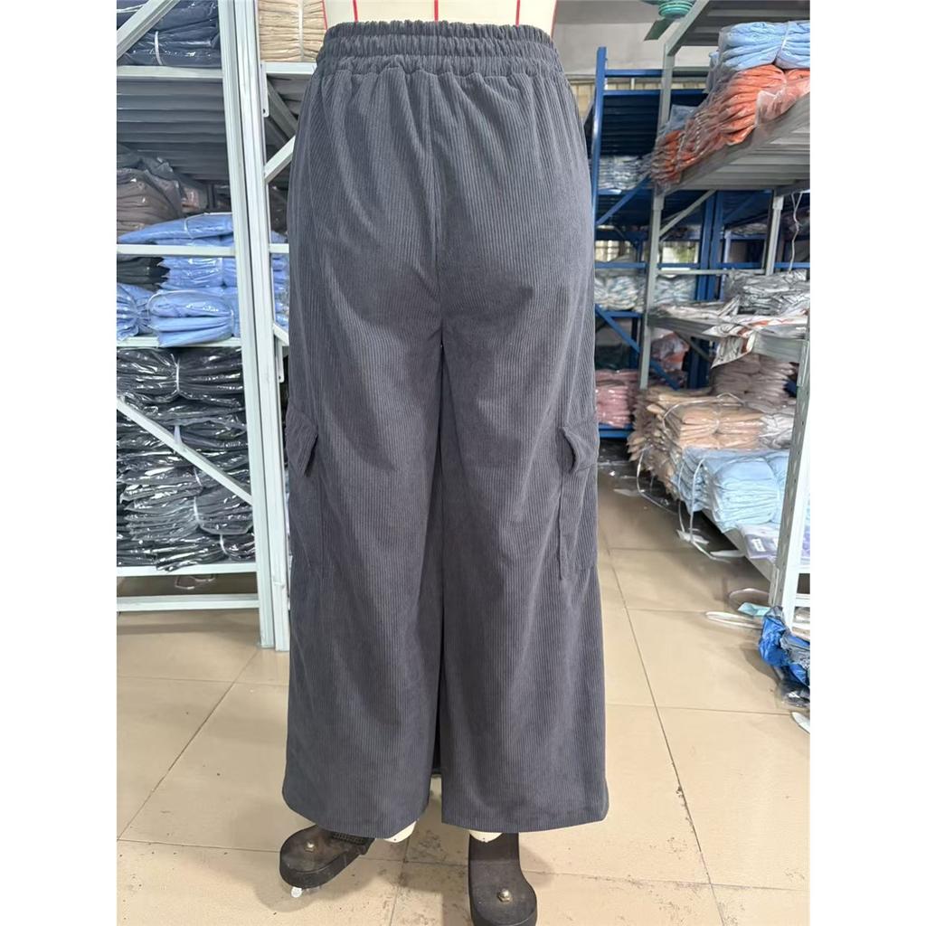 Women Corduroy Cargo Wide Leg Pants Elastic High Waist Casual Loose Multi‑Pocket Flare Trousers For Ladies