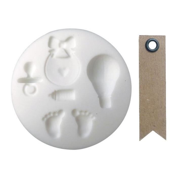 Mini moule silicone pour pâte FIMO Naissance + 20 étiquettes kraft Fanion