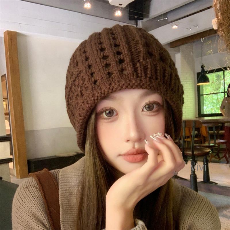 Women S Breathable Hollow Knitted Slouch Hat Solid Color Autumn Flattering Casual Fit