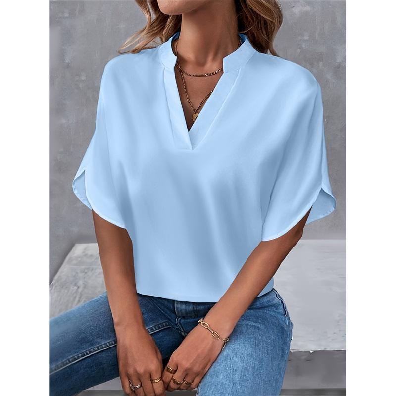 Summer Casual Solid Color V-neck Loose Shirt Blouse Women