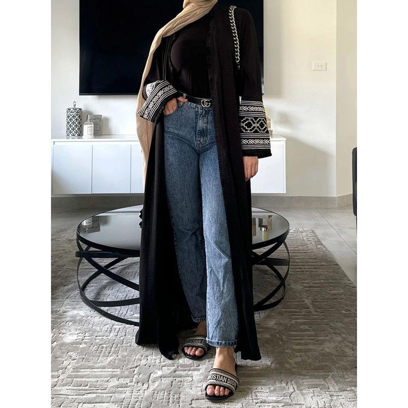 2025 Middle East Indonesia Boutique Embroider Fashion Tassel Cuff Pure Color Cardigan Dubai Arab Robe Dress