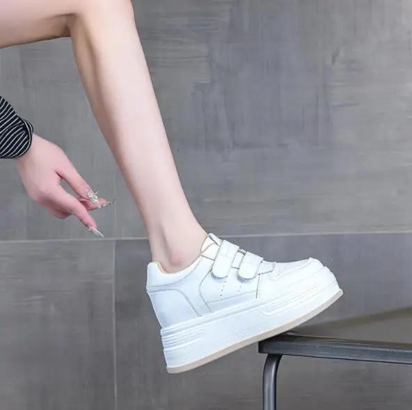 Fashion 10CM Cow Genuine Leather Autumn Platform Wedge Skate Heels Comfy Casual Shoes High Brand Chunky Sneaker Hook Women Vulcanized