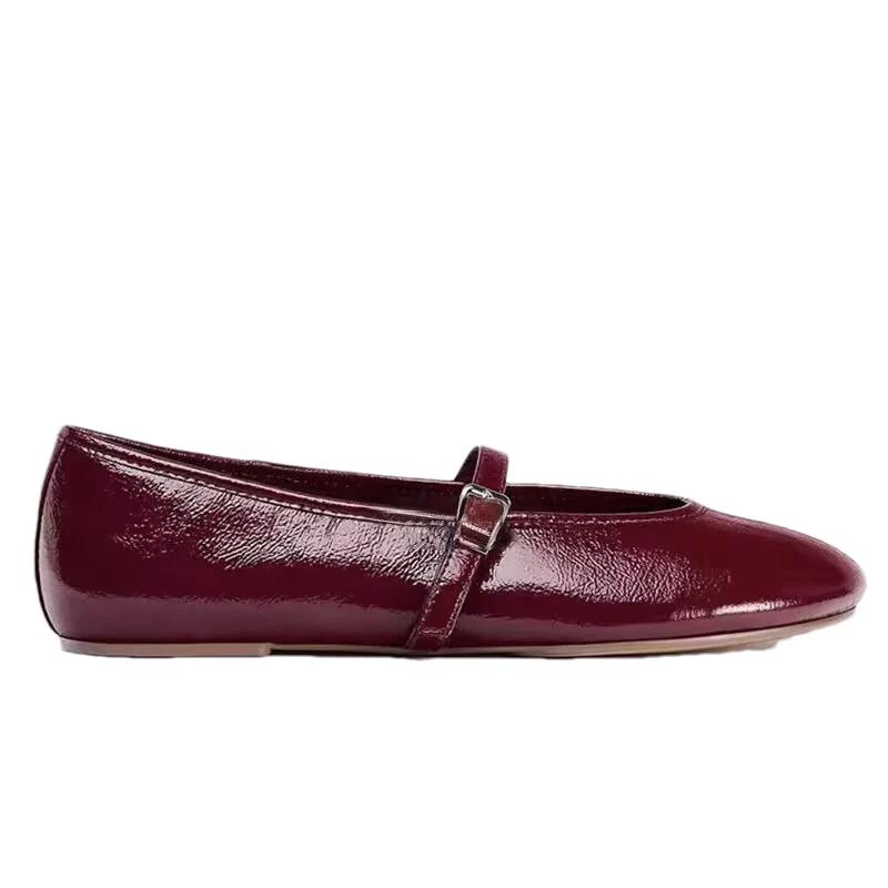 Fashion Comfortable Lightweight Soft Leather Ballet Flats Women Fashion Red Round Toe Belt Buckle Brand Design Shoes Elegant Casual Shoe