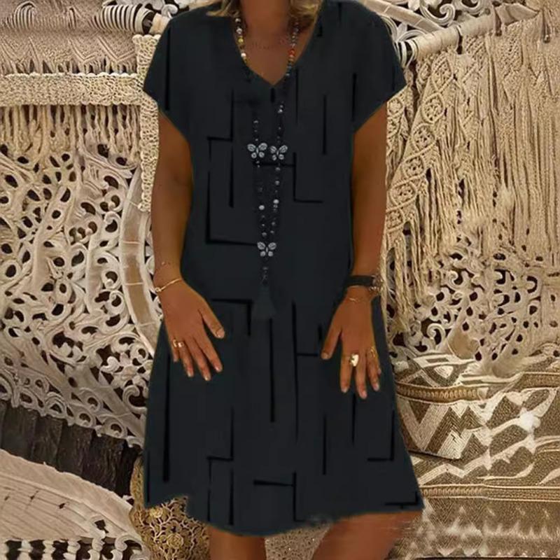 Spring Oversize  Print V-neck Short Sleeve Loose  Dresses Summer Elegant Casual Trendy Lady Clothes
