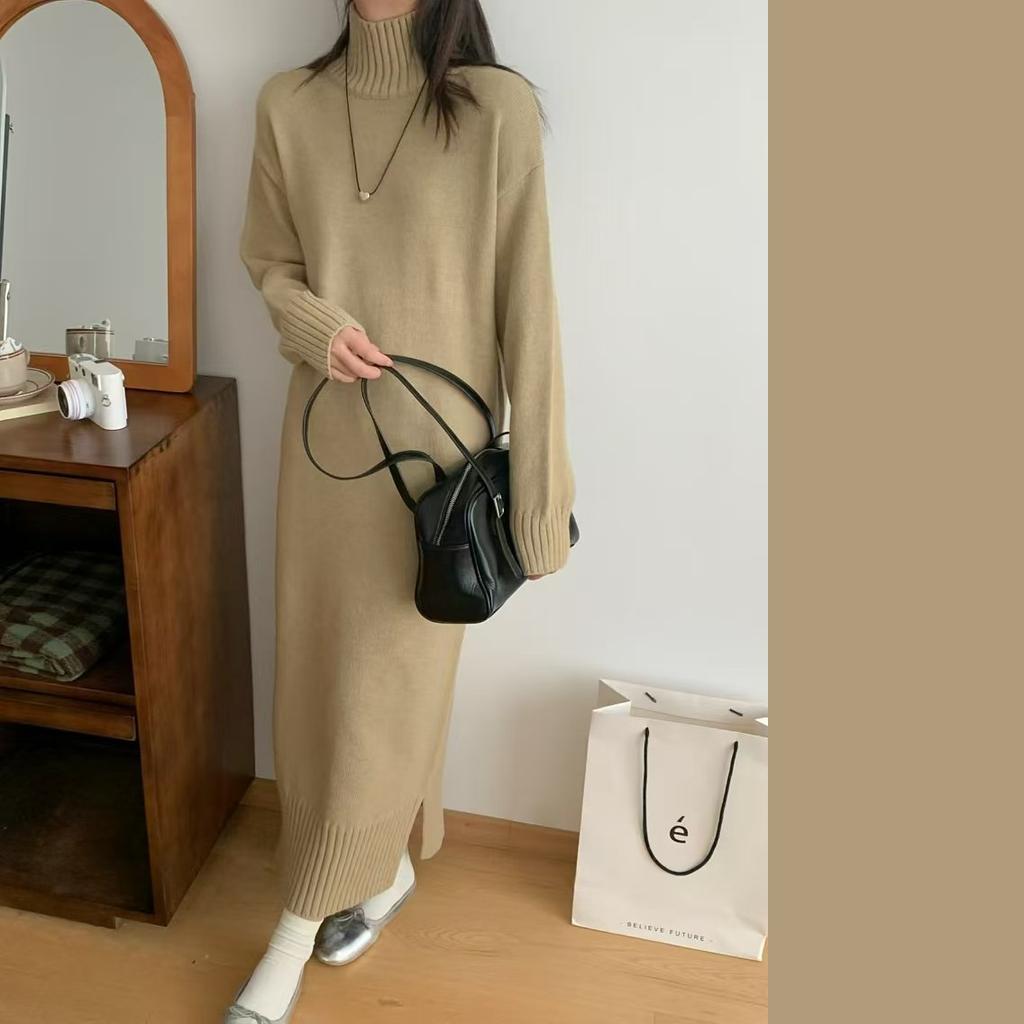 Long Sweater Skirt Autumn and Winter Lazy Style Pullover Thickened Large Size Bottoming Loose Knitted Dress Women