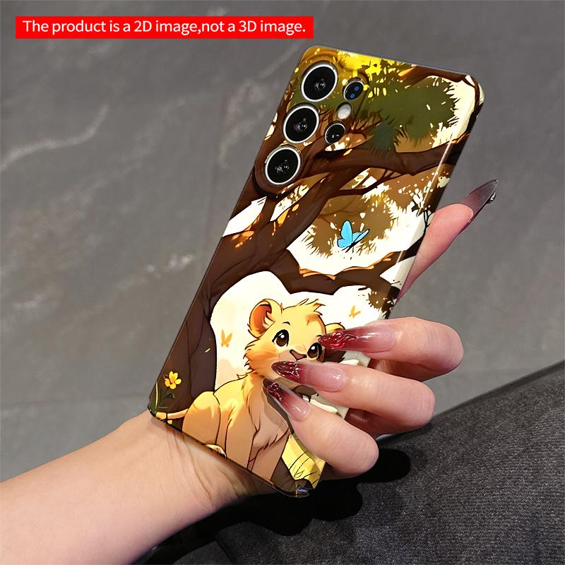 2DFlat Samsung phone case Cute Lion Cub Under Sunlit Tree with Blue Butterfly Applicable to Galaxy S23 S24 S25ULTRA S26 A12 A14 A15 A16 A54 A55