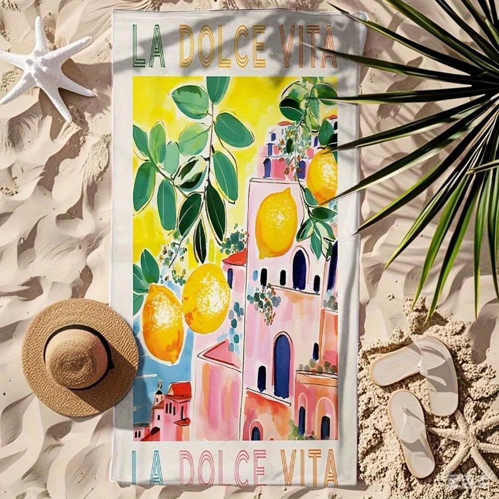 1PC Italian Lemon Print Beach Towel, Polyester Lightweight Quick Dry Towel, Versatile Beach Mat for Swimwear, Travel & Outdoor W