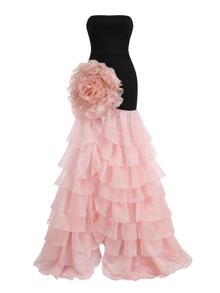 Elegant Strapless Lace Summer Dress with Ruffle and Split