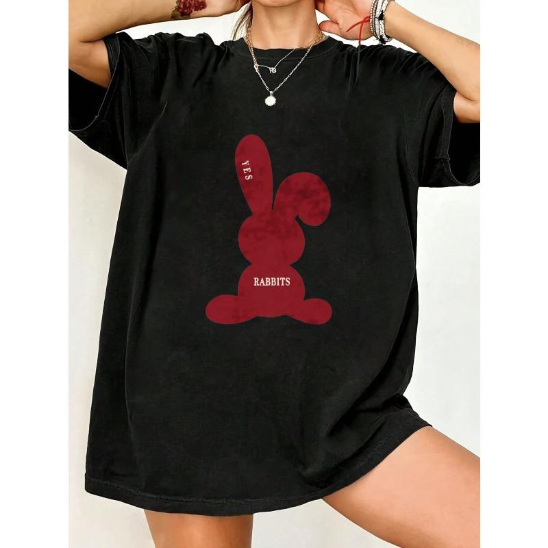 Oversized T Shirt Black Red Rabbit Silhouette With Yrs And Rabbits Text Casual Streetwear Fashion For Women Summer Outfits