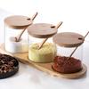 JUSTINLAU Küche Glas Gewürzbehälter Set Würze Gewürz Salz Behälter Holzdeckel mit Tablett Löffel Staubdicht Kaffeebohnen Organizer
