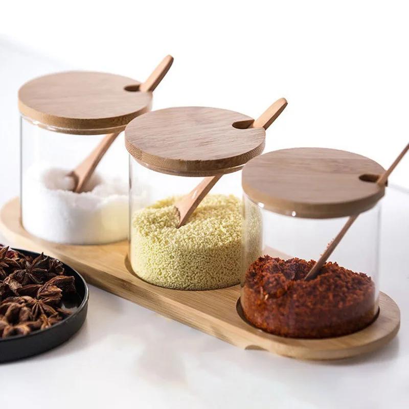 JUSTINLAU Küche Glas Gewürzbehälter Set Würze Gewürz Salz Behälter Holzdeckel mit Tablett Löffel Staubdicht Kaffeebohnen Organizer