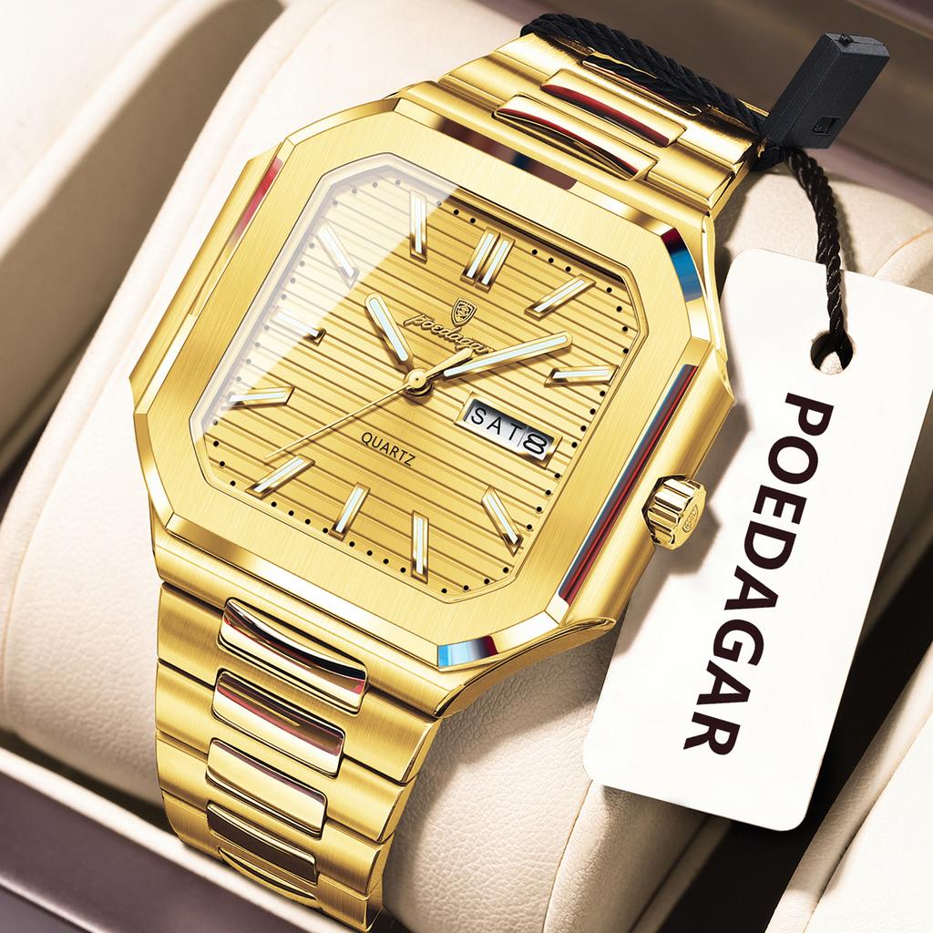 Top Luxury Brand Male Watch Waterproof Luminous Date Week Quartz Men's Watches Stainless Steel Fashion Square Men Watch