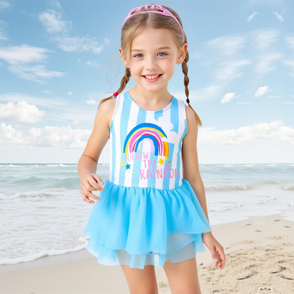 

2025 Rainbow Stripe Tulle Skirt One-Piece Swimsuit for Girls 4 Years синий