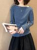 Juzhi Spring Retro Striped Off-Shoulder Slim Fit Long Sleeve T-shirt