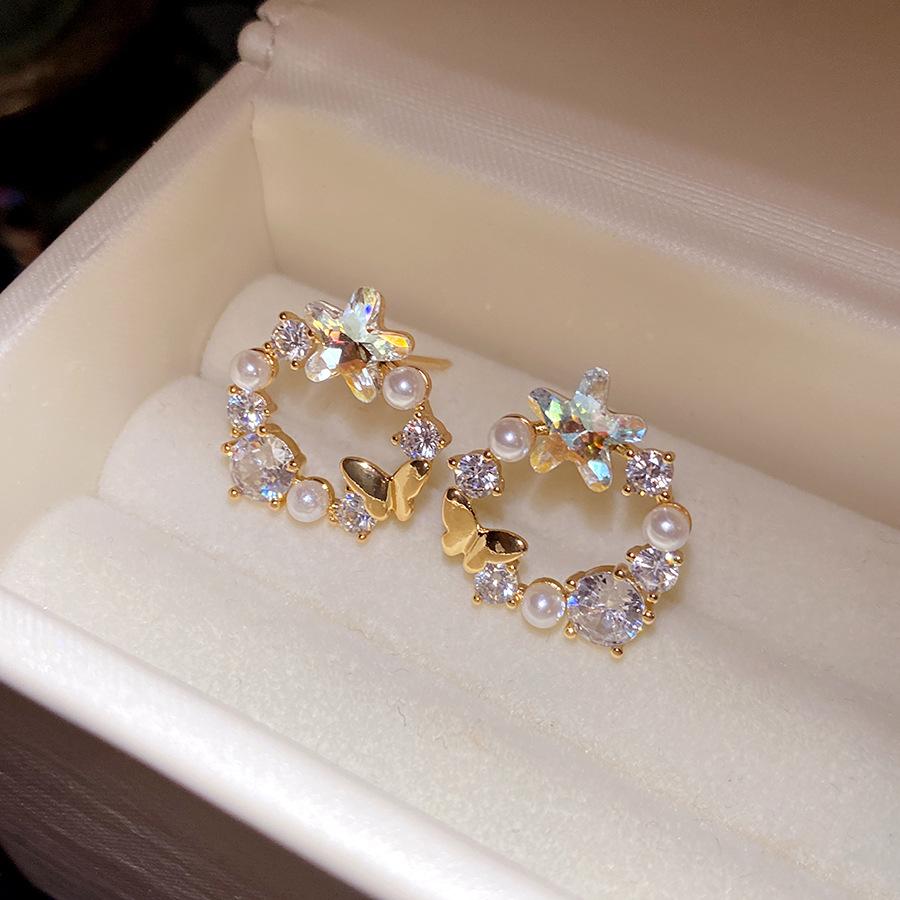 K real gold electroplated silver needle zircon pearl butterfly stud earrings fashionable exquisite earrings light luxury high-end earrings women