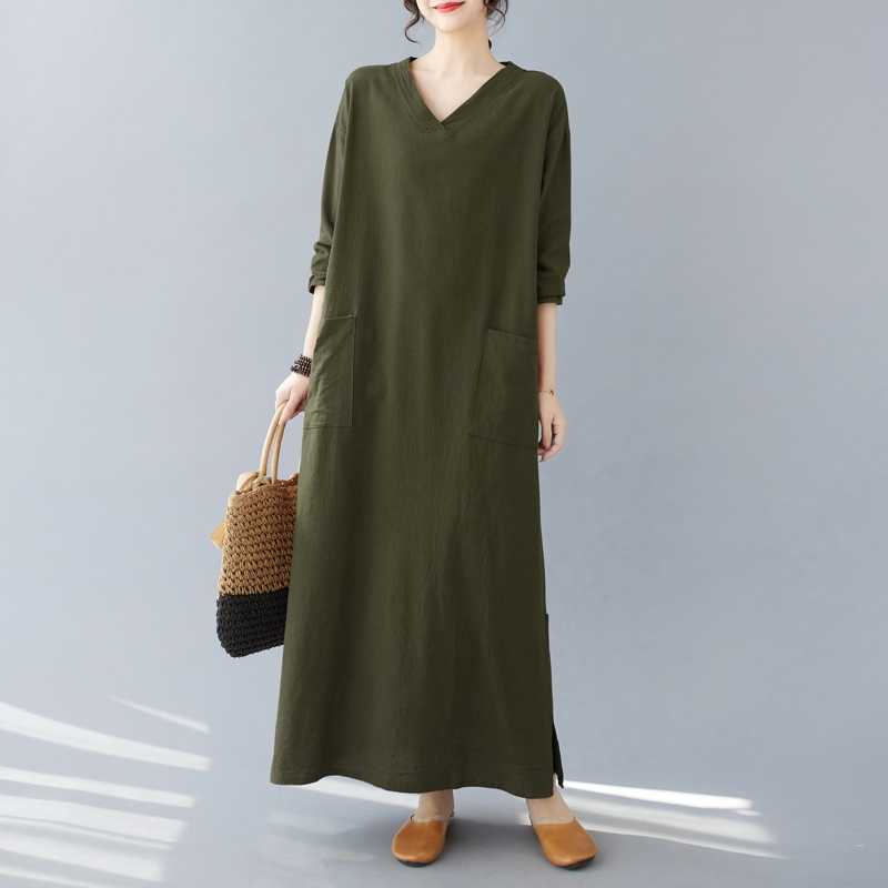 Retro Cotton and Linen V-neck Loose Long Sleeved Dress