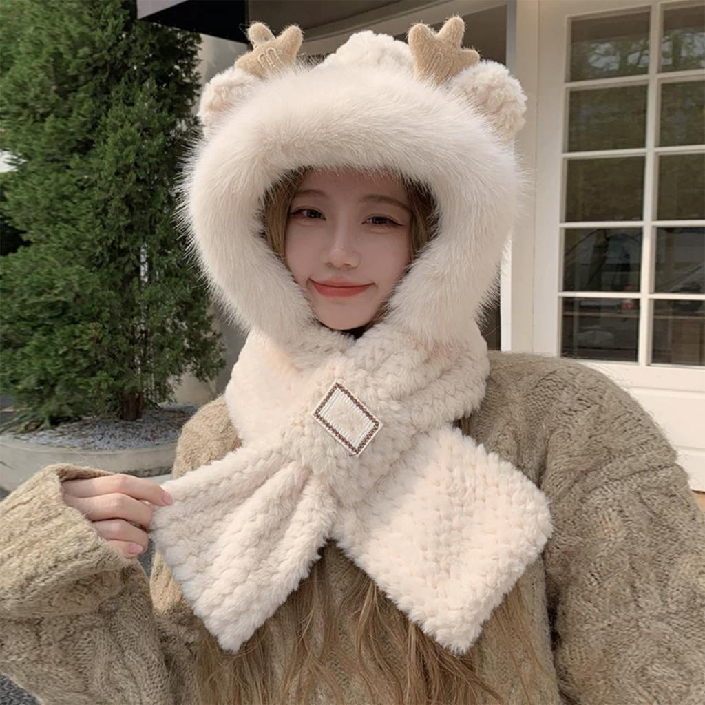 Women's Scarf One-piece Hooded Cute Cycling Thick Warm Plush Hat