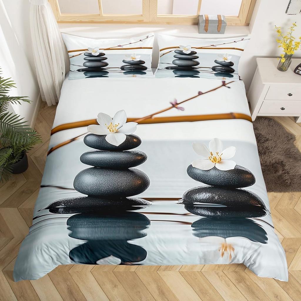 Comforter Minimalist Zen Stone Boho Comforter Purple Flowers Twin Bedding Setblack Stones Print Bed Set For Girls Woman