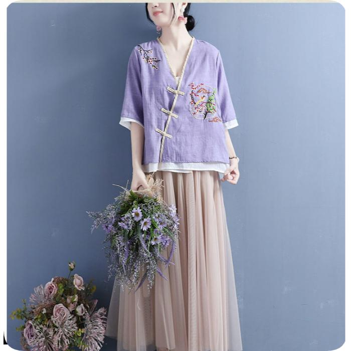 Three-quarter-sleeved Cotton and Linen Shirt Women's Literary Retro Embroidery Loose and Thin Cotton and Linen Color Matching Blouse Summer