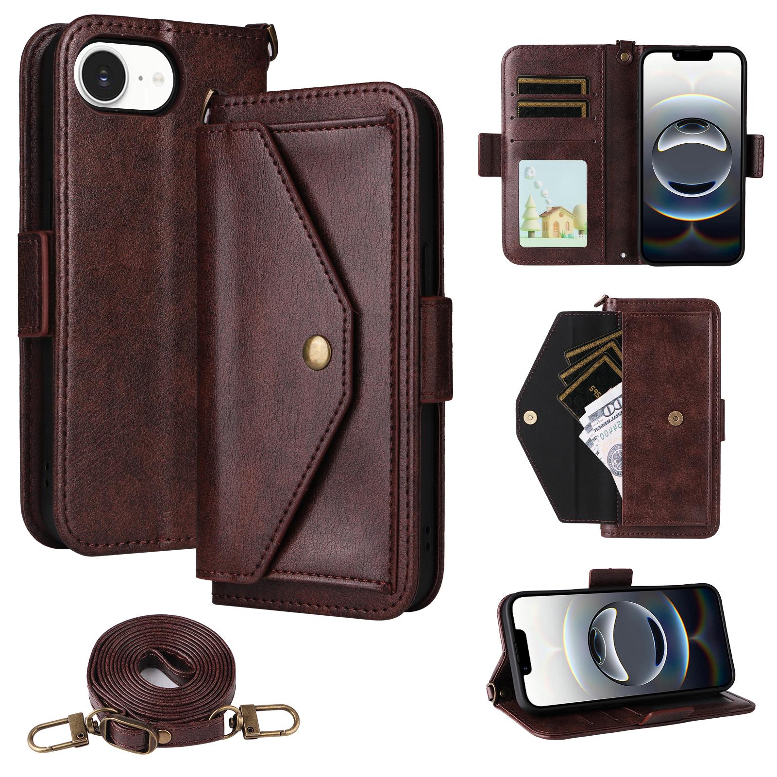 

For iPhone 16e Leather Case Magnetic Closure Wallet Stand Phone Cover with Crossbody Strap Brown